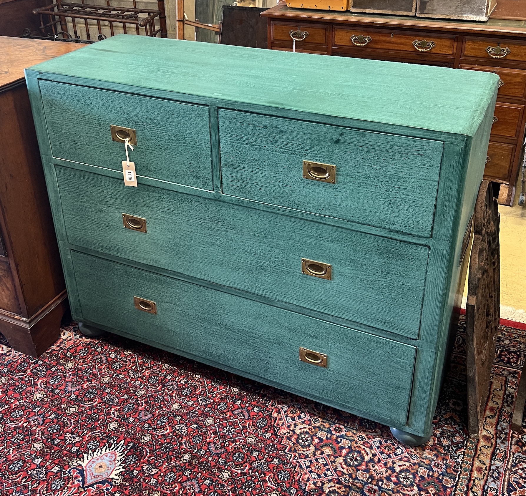 A Victorian style painted pine four drawer chest, width 114cm depth 42cm, height 90cm